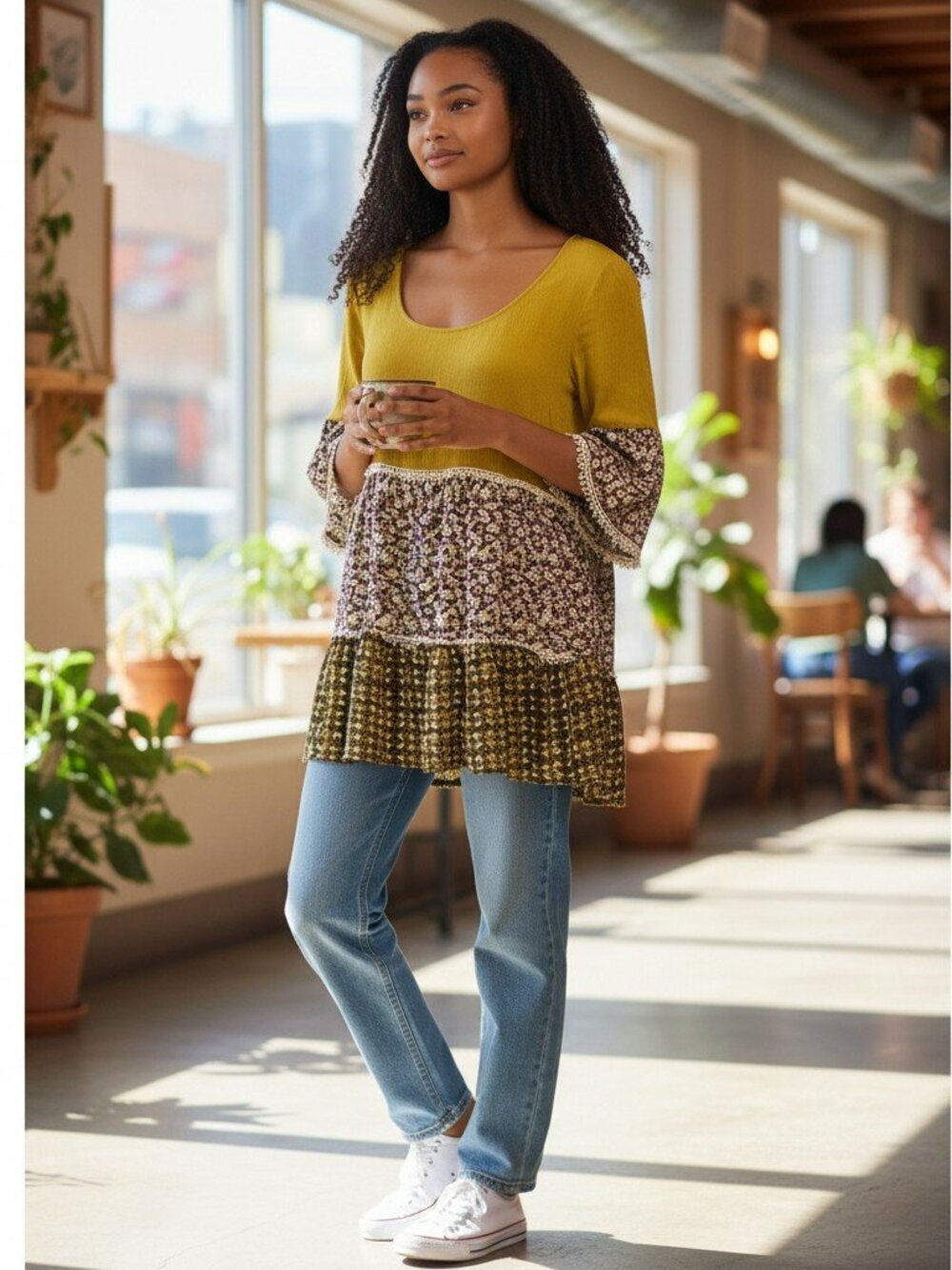 Umgee Small Mustard Yellow Floral 3/4 Bell Sleeve Boho Blouse Tunic Top Shirt S